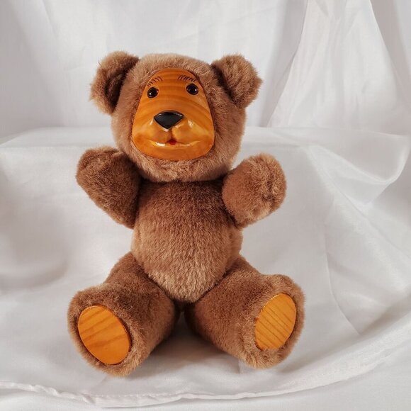 Vintage FTD Wood Face Teddy Bear Brown Plush Jointed Arms and Legs 9.5 inches - Picture 2 of 8
